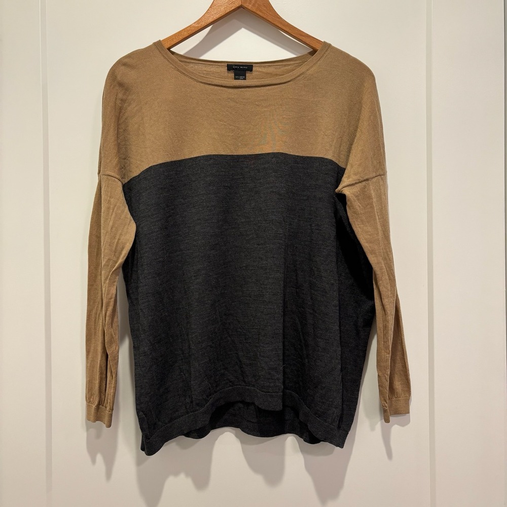 Only Mine Colorblock Merino Wool Sweater Women's Size M Tan Charcoal Long Sleeve